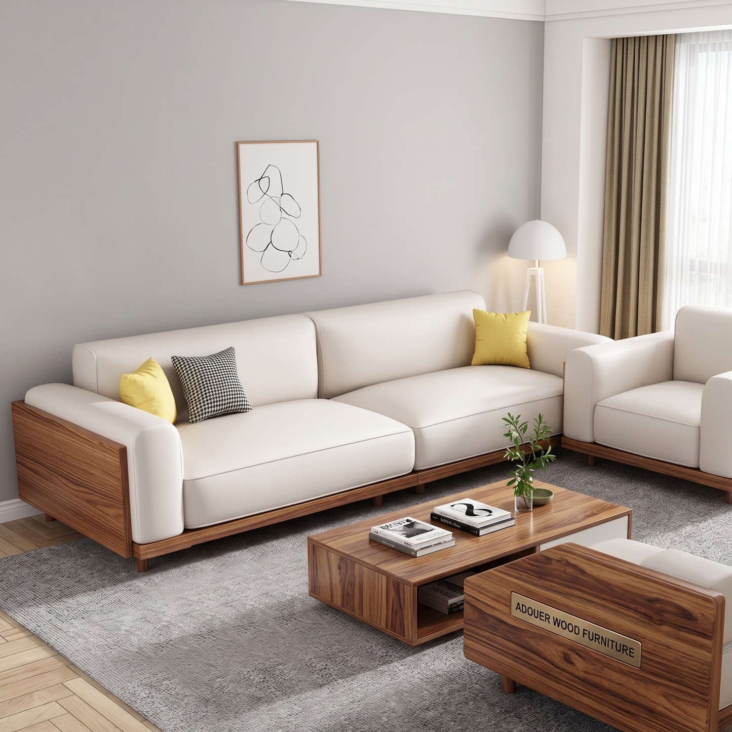 A modern living room set featuring a cream-colored sofa with a rich wood frame, a matching armchair, a wooden coffee table, and a matching armrest on a gray rug. The room has light gray walls, a window with beige curtains, and a floor lamp.
