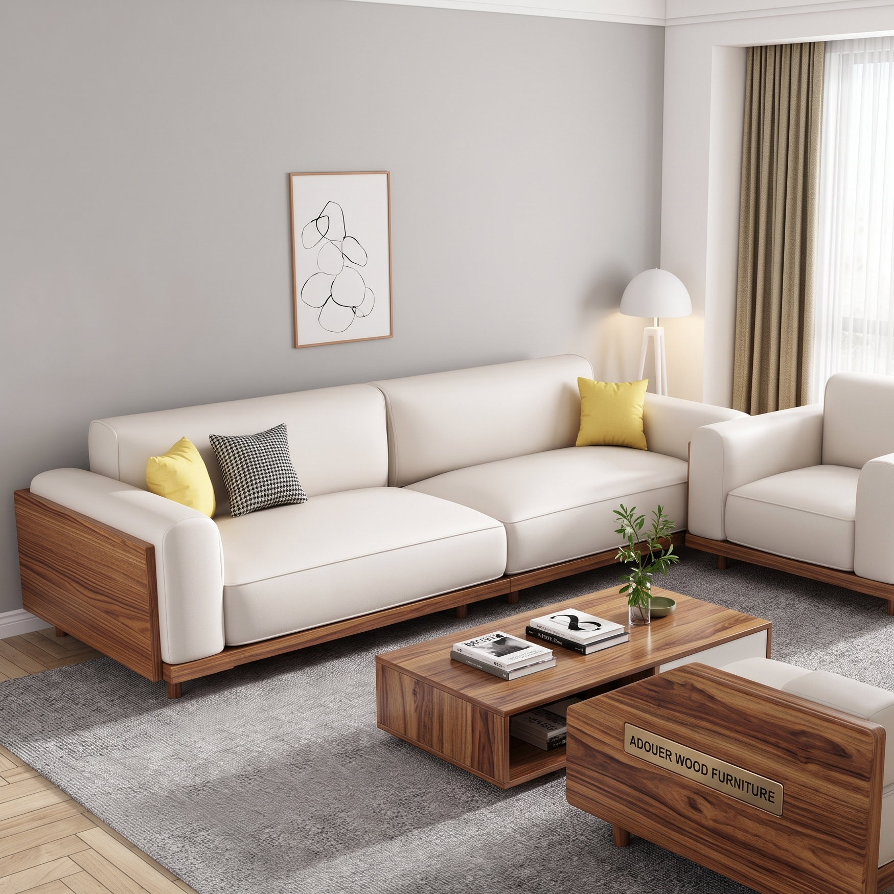 A modern living room set featuring a cream-colored sofa with a rich wood frame, a matching armchair, a wooden coffee table, and a matching armrest on a gray rug. The room has light gray walls, a window with beige curtains, and a floor lamp.