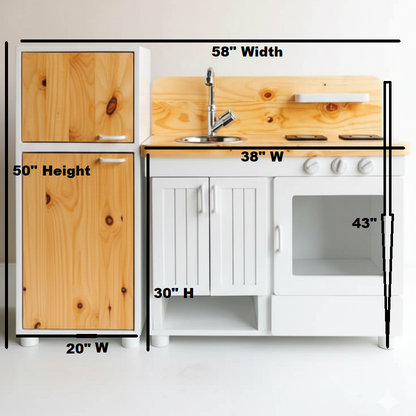 ADOUER WOOD Handcrafted Wooden Play Kitchen for Toddlers – Natural & White Montessori Toy Kitchen with Fridge, Oven, and Sink