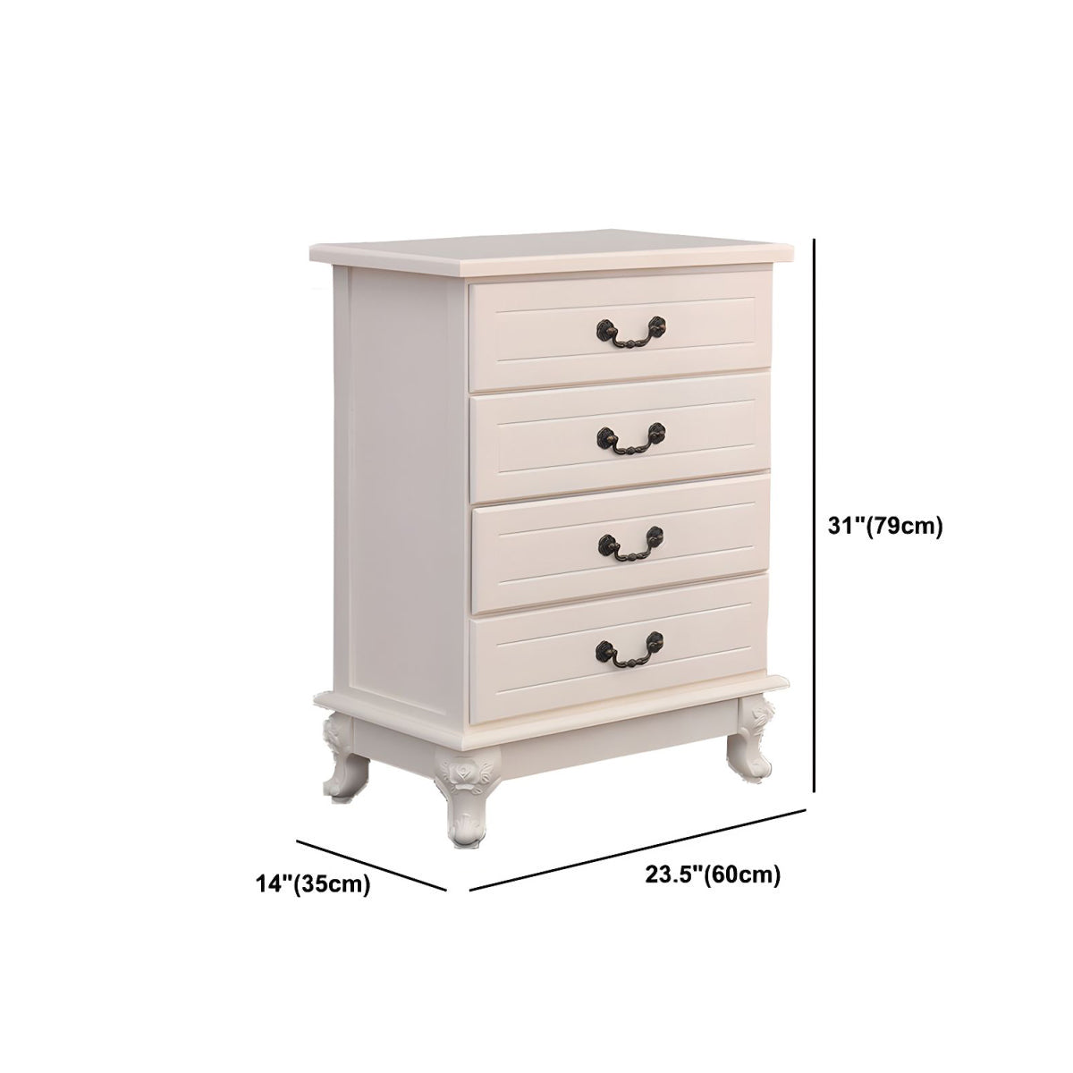 ADOUER WOOD Elegant White Four-Drawer Chest of Drawers with Ornate Handles and Carved Legs