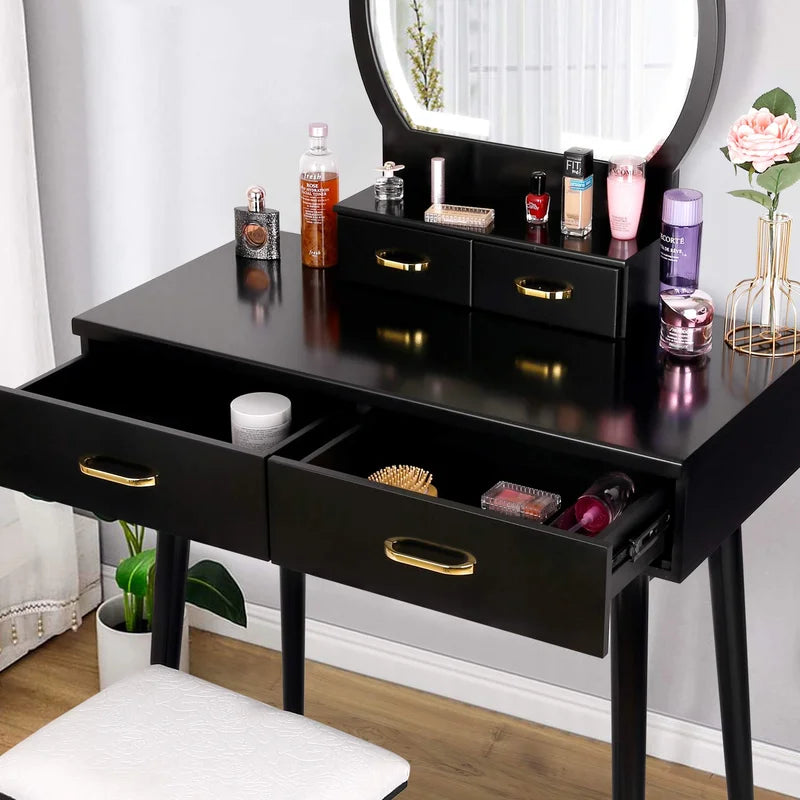 ADOUER WOOD "Modern White Vanity Dressing Table with LED Mirror and Stool - 4 Drawers and Gold Handles"
