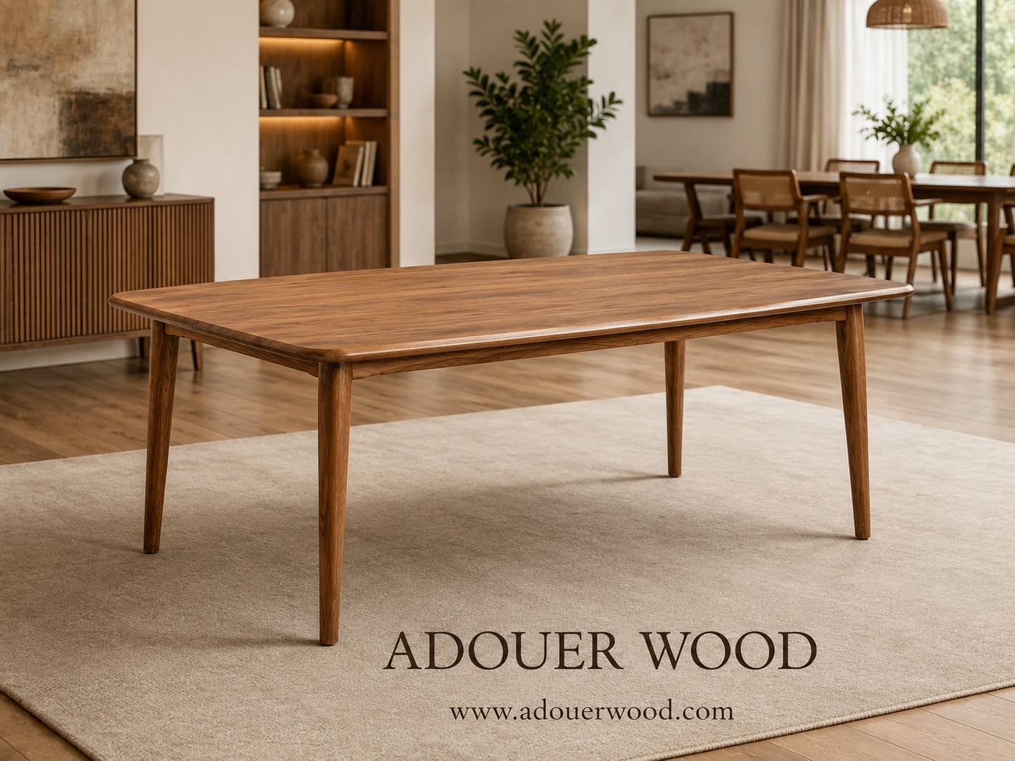 The Adouer Collection: 6-Seater Sheesham Wood Dining Set in Natural PU Finish with Hand-Woven Cane Back Armchairs