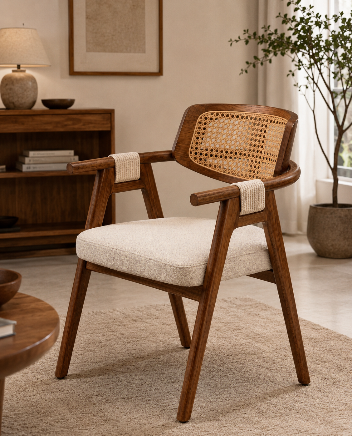 The Adouer Collection: 6-Seater Sheesham Wood Dining Set in Natural PU Finish with Hand-Woven Cane Back Armchairs