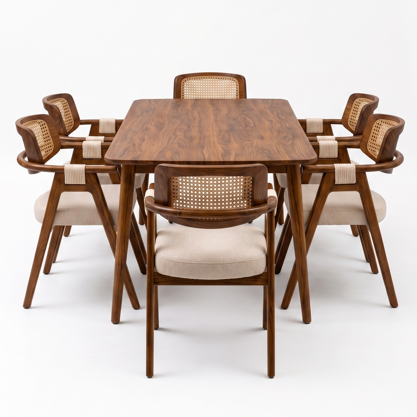 The Adouer Collection: 6-Seater Sheesham Wood Dining Set in Natural PU Finish with Hand-Woven Cane Back Armchairs