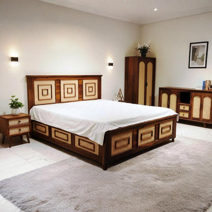 The Heritage Geometric Solid Sheesham Wood  Bed with Rattan Cane Inlay with Integrated Box Storage