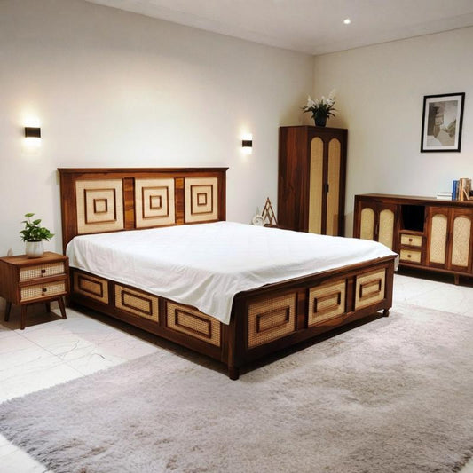 The Heritage Geometric Solid Sheesham Wood  Bed with Rattan Cane Inlay with Integrated Box Storage