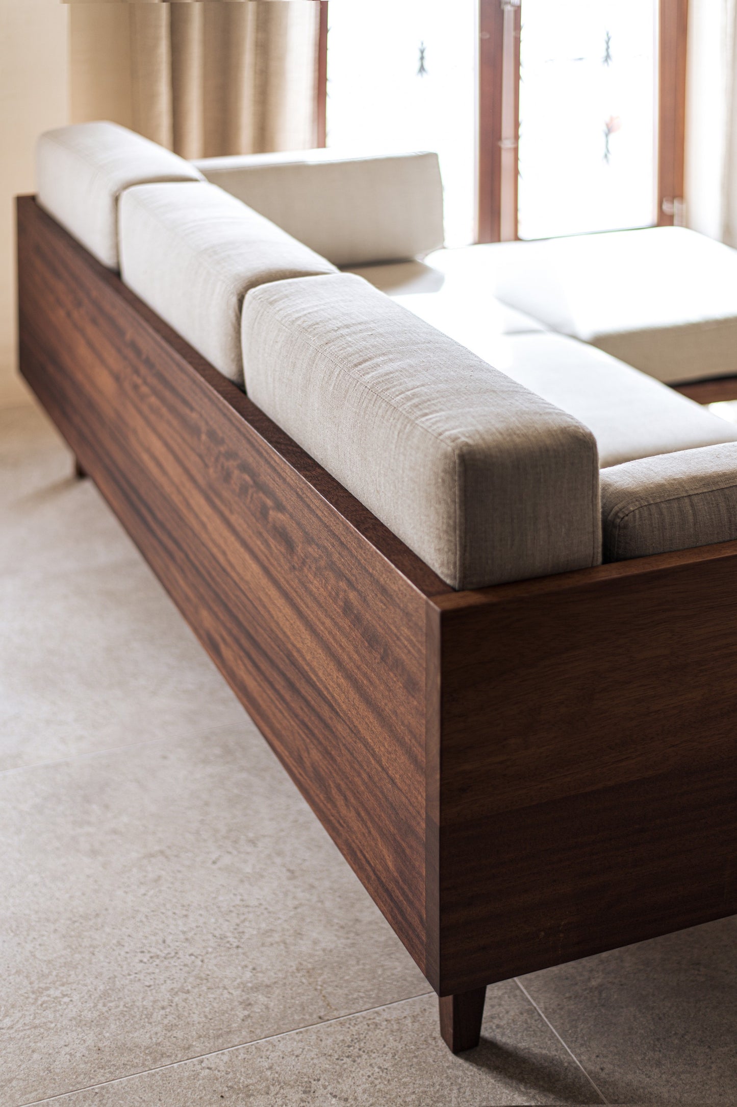 Sheesham Wood 3-Seater Sofa with Cotton Upholstery - Walnut Finish