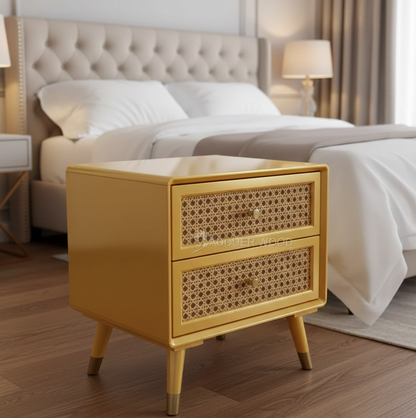 Solid Wood Bedside Table with 2 Rattan Drawers Mid Century Night Stand for Living Room, Bedroom