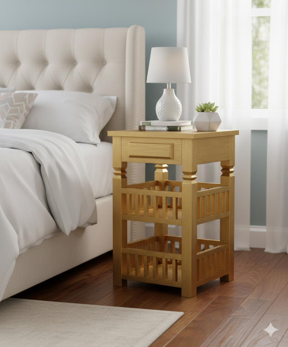 Sheesham 2-Tier Bed Side Table , Narrow End Side Table, Space-Saving Slim Night Stand with Shelf and Drawer Storage