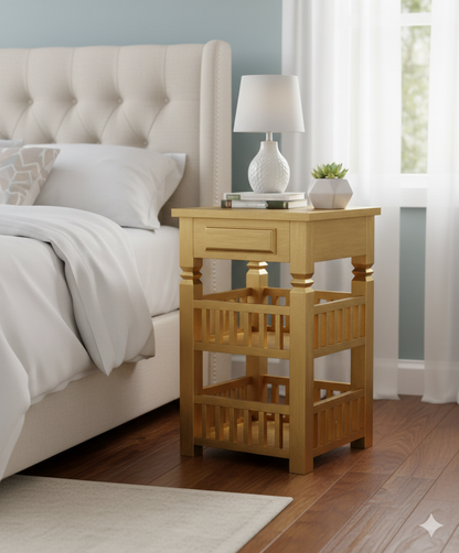 Sheesham 2-Tier Bed Side Table , Narrow End Side Table, Space-Saving Slim Night Stand with Shelf and Drawer Storage