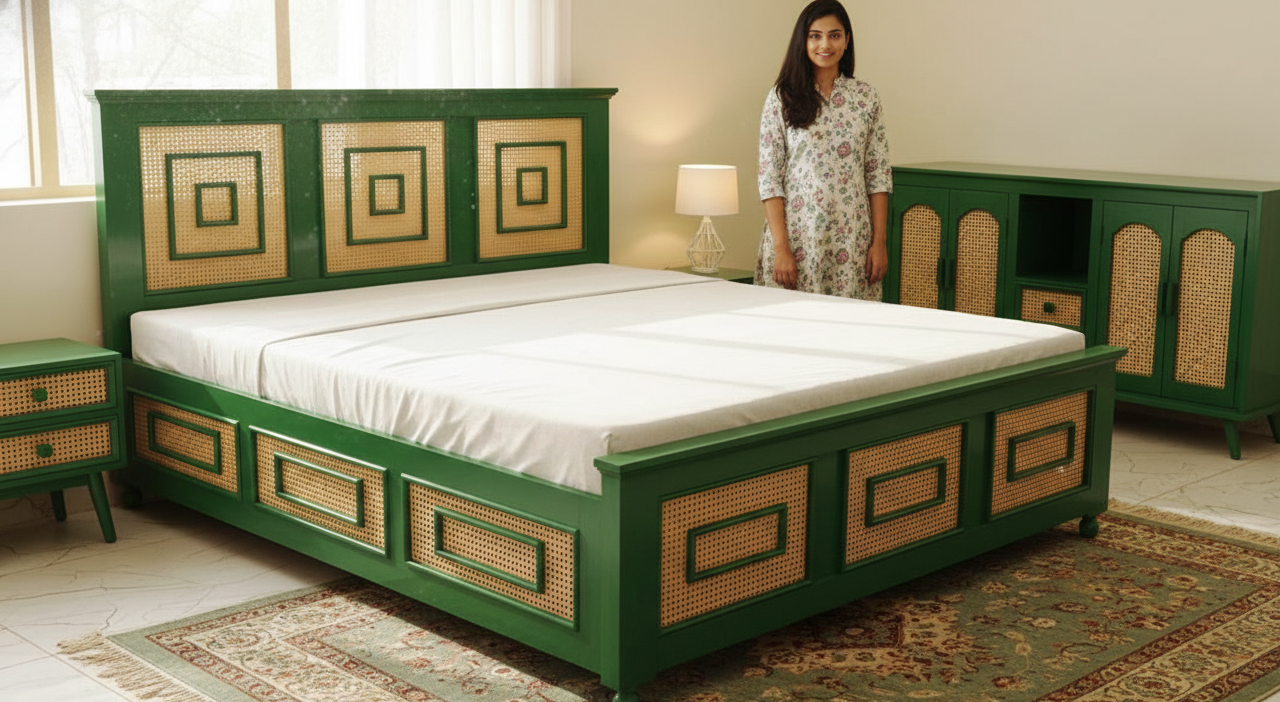 The Heritage Geometric Solid Sheesham Wood  Bed with Rattan Cane Inlay with Integrated Box Storage