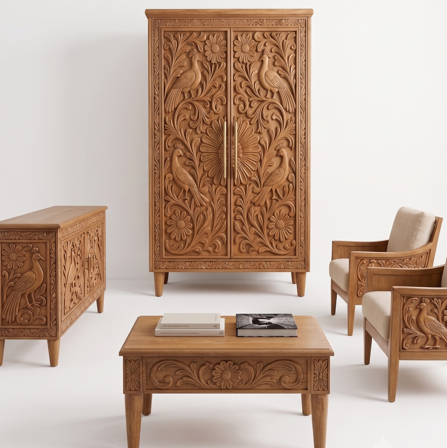 A set of hand-carved wooden furniture in a warm medium brown tone, including a tall cabinet, a coffee table, a sideboard, and two armchairs with cream cushions, arranged against a plain white studio background.
