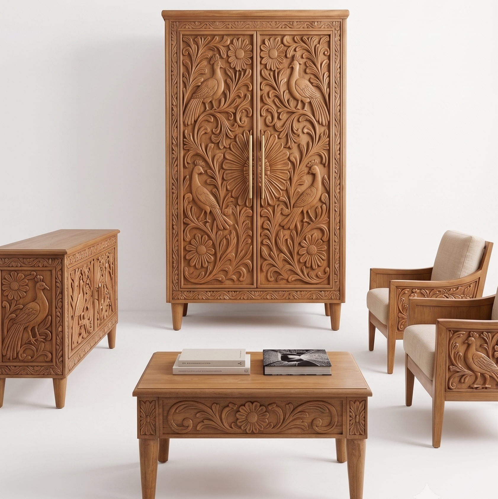 A set of hand-carved wooden furniture in a warm medium brown tone, including a tall cabinet, a coffee table, a sideboard, and two armchairs with cream cushions, arranged against a plain white studio background.