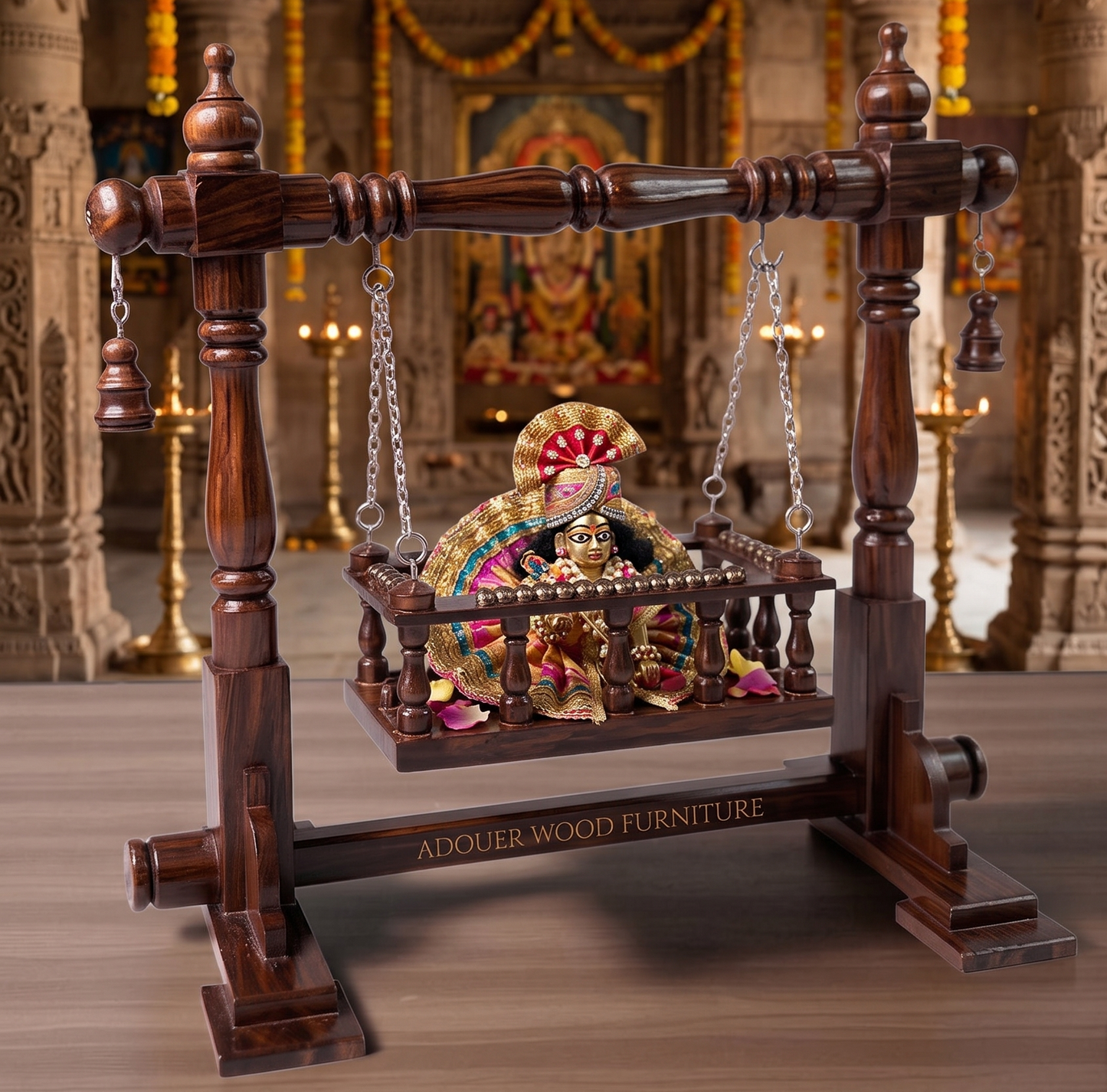 Carved Krishna Palana for Pooja Room I  Handcrafted Wooden Laddu Gopal Jhula