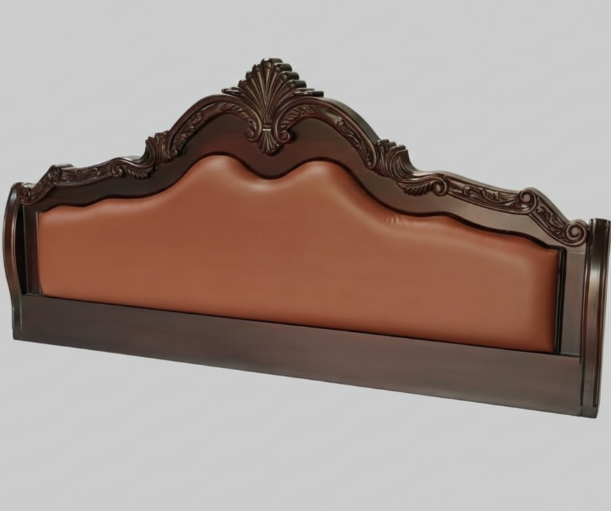 ADOUER WOOD Victorian Heritage Luxury Carved Bed with Premium Leatherette Cushioned Backrest