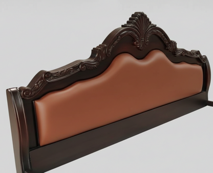 ADOUER WOOD Victorian Heritage Luxury Carved Bed with Premium Leatherette Cushioned Backrest