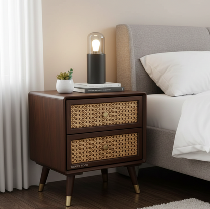 Solid Wood Bedside Table with 2 Rattan Drawers Mid Century Night Stand for Living Room, Bedroom