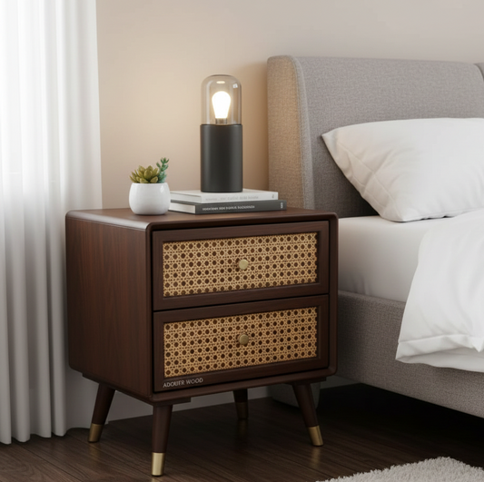 Solid Wood Bedside Table with 2 Rattan Drawers Mid Century Night Stand for Living Room, Bedroom