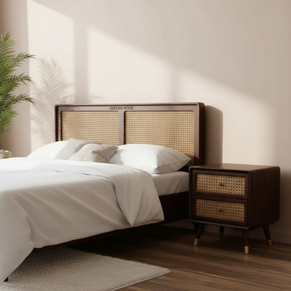 Solid Wood Bedside Table with 2 Rattan Drawers Mid Century Night Stand for Living Room, Bedroom