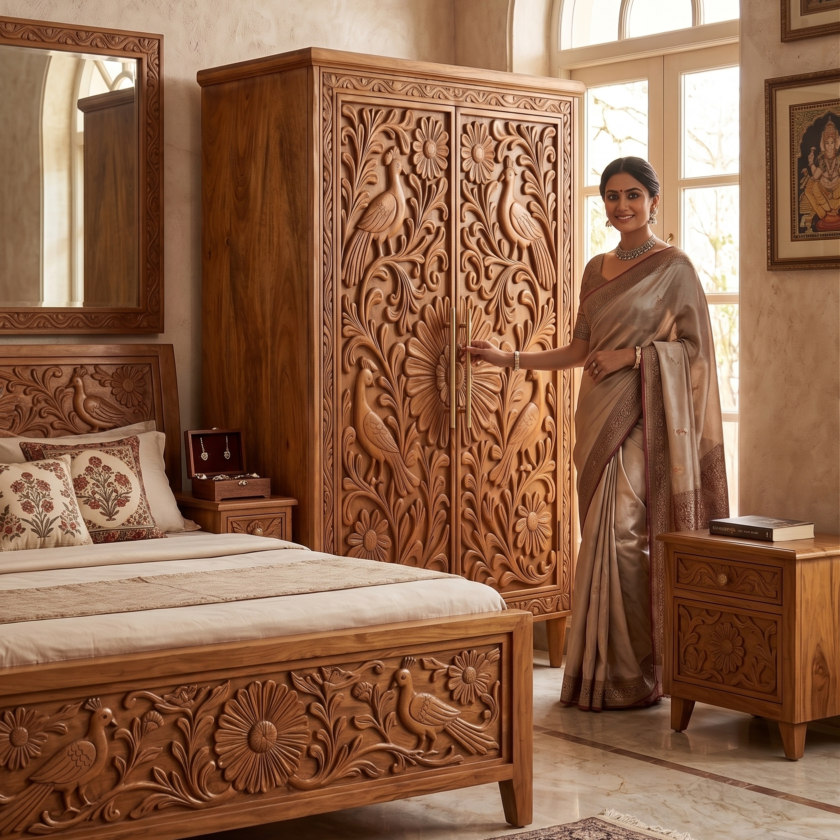A woman in a beige saree stands beside a large, intricately carved wooden wardrobe in a traditional bedroom. The room features matching carved wooden furniture, including a bed frame and a nightstand, with warm lighting from nearby windows.