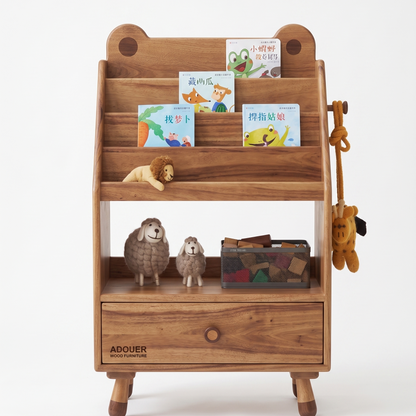ADOUER WOOD Wooden Bear-Eared Nursery Bookshelf & Bedside Table with Storage Drawer