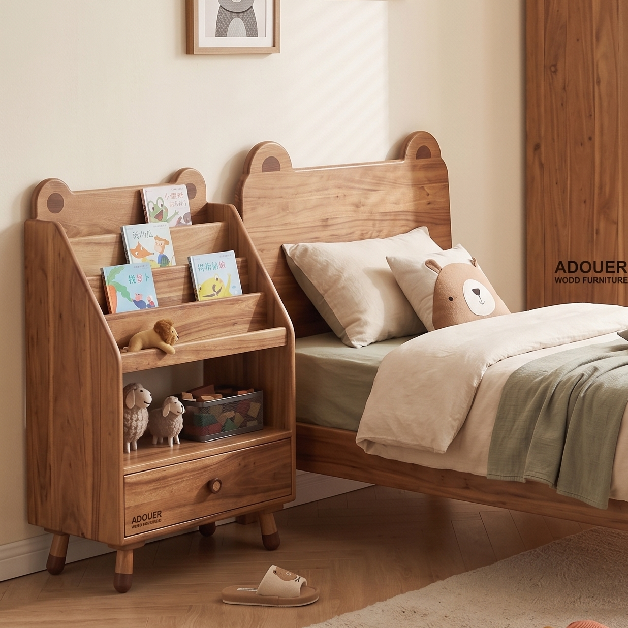 ADOUER WOOD Wooden Bear-Eared Nursery Bookshelf & Bedside Table with Storage Drawer