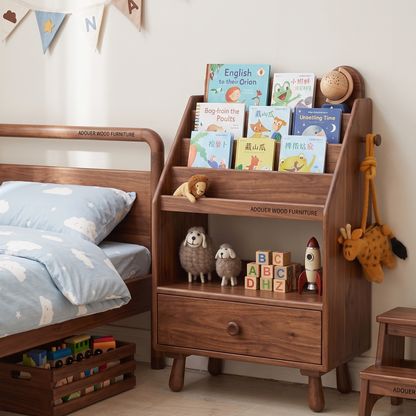 ADOUER WOOD Wooden Bear-Eared Nursery Bookshelf & Bedside Table with Storage Drawer