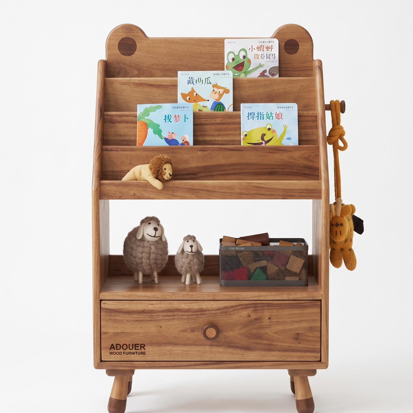 ADOUER WOOD Wooden Bear-Eared Nursery Bookshelf & Bedside Table with Storage Drawer