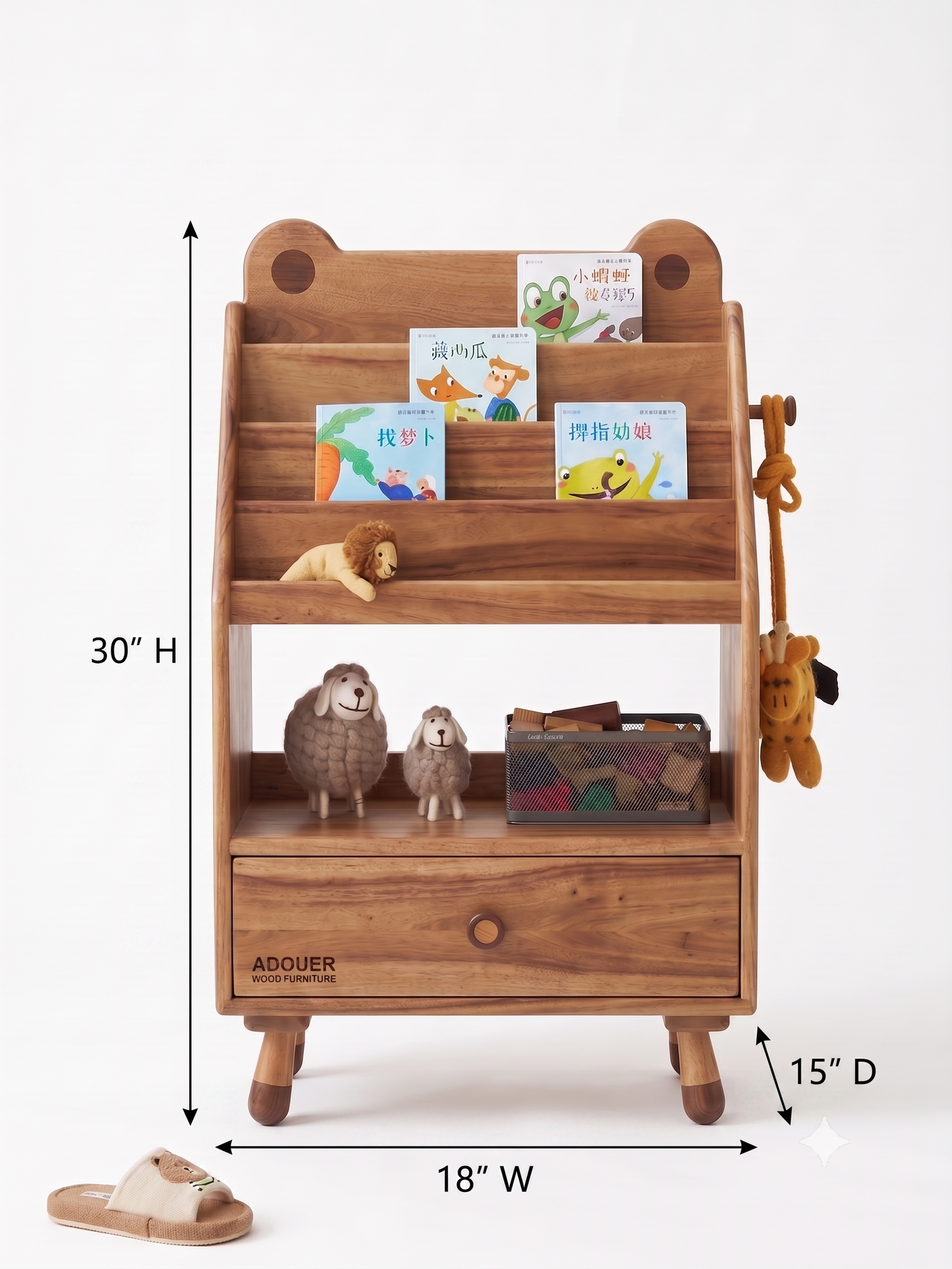 ADOUER WOOD Wooden Bear-Eared Nursery Bookshelf & Bedside Table with Storage Drawer