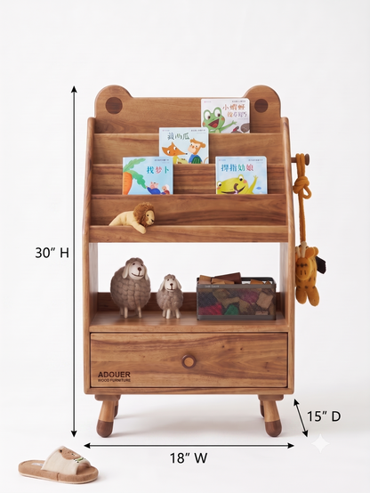 ADOUER WOOD Wooden Bear-Eared Nursery Bookshelf & Bedside Table with Storage Drawer