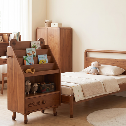 ADOUER WOOD Wooden Bear-Eared Nursery Bookshelf & Bedside Table with Storage Drawer