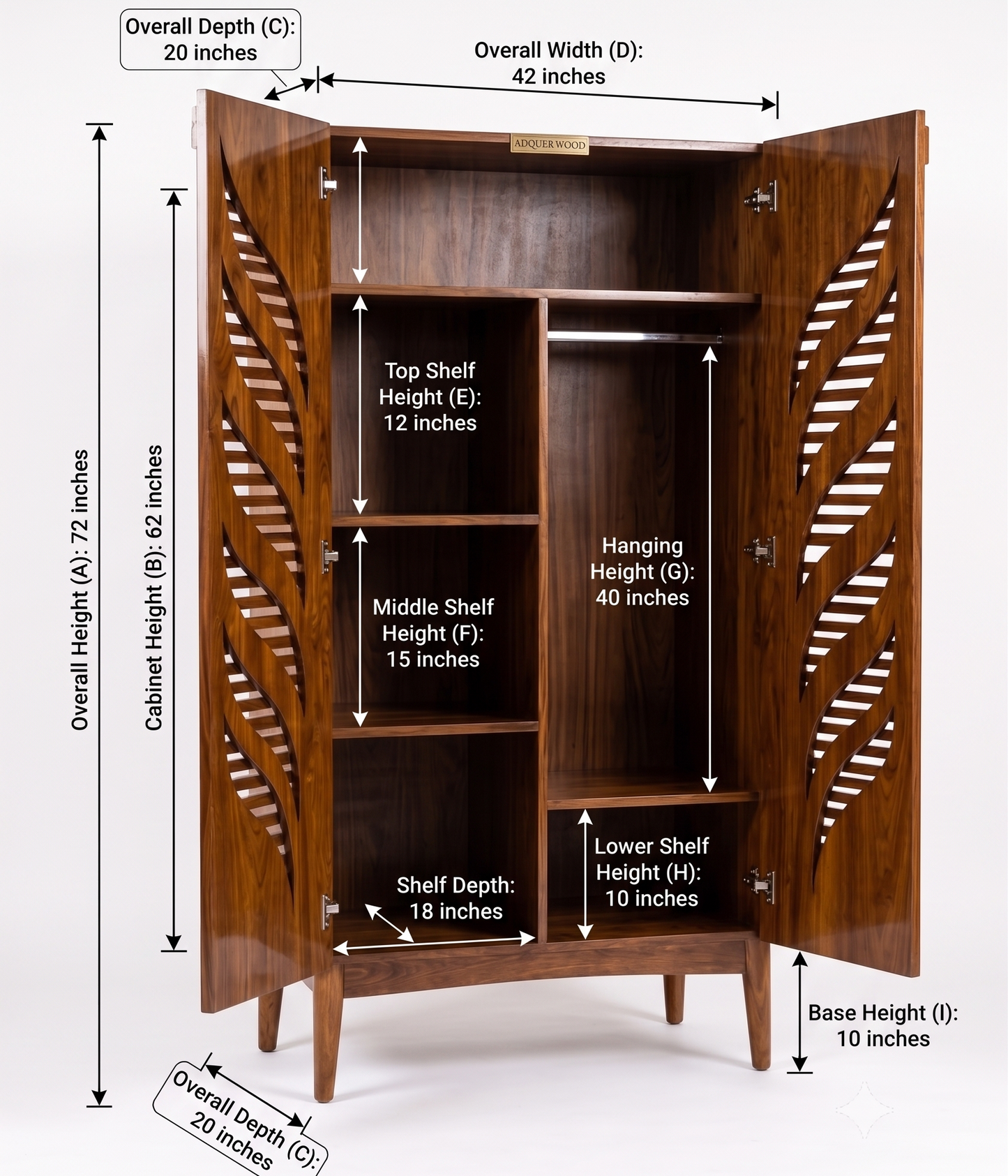 A wooden cabinet shown open with overlaid dimension labels and measurement lines indicating overall height, cabinet height, shelf heights, depth, and base height.
