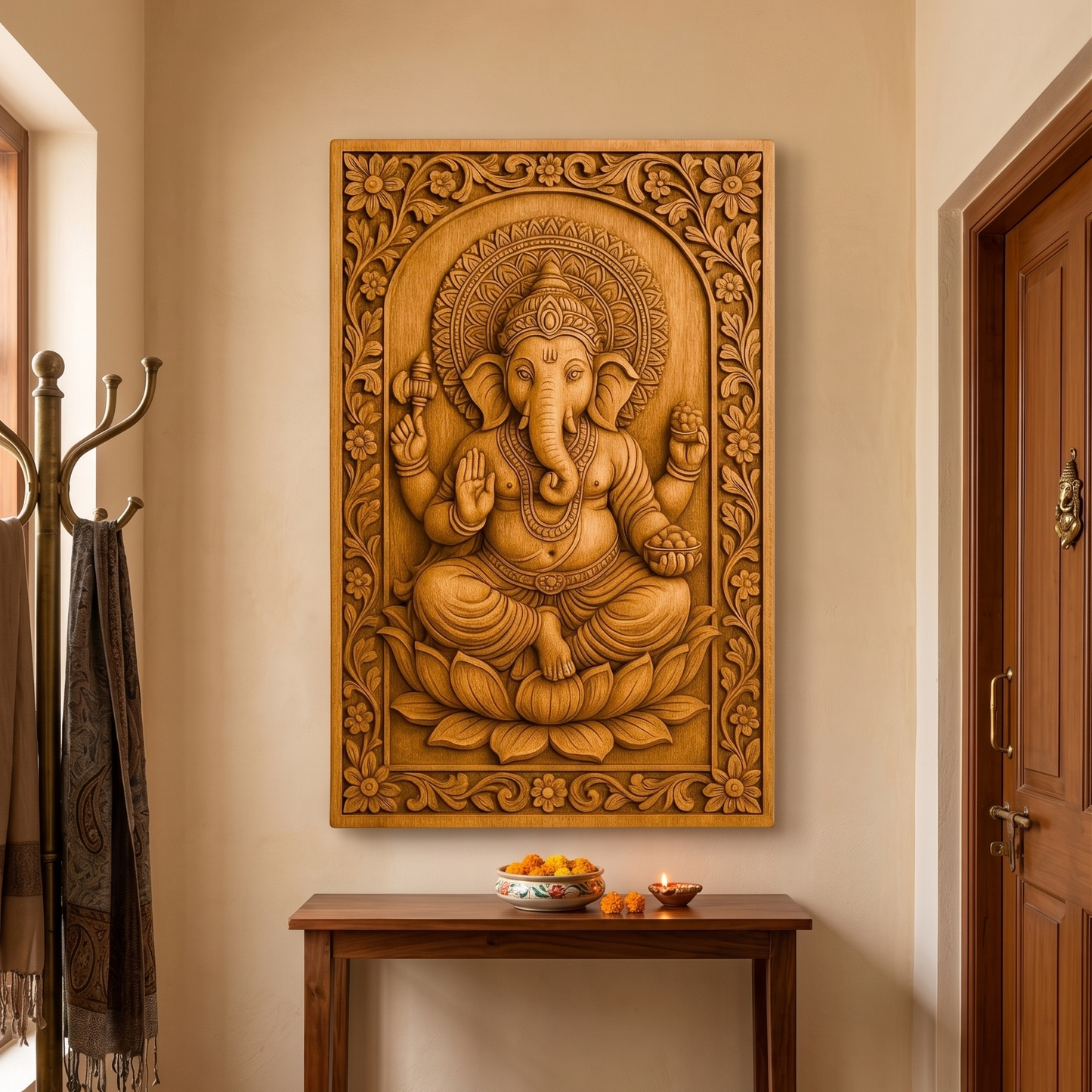 A large rectangular wooden wall carving of Ganesha, featuring detailed relief work and floral borders, mounted on a beige wall above a wooden console table with decorative items.