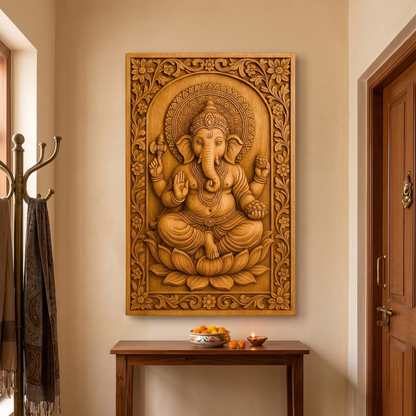 A large rectangular wooden wall carving of Ganesha, featuring detailed relief work and floral borders, mounted on a beige wall above a wooden console table with decorative items.