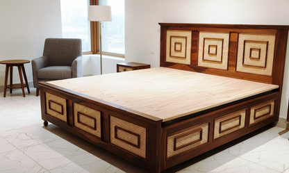 The Heritage Geometric Solid Sheesham Wood  Bed with Rattan Cane Inlay with Integrated Box Storage