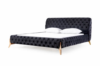 Adouer Wood "Modern Tufted Velvet Upholstered Bed with Gold Legs – Luxurious and Elegant Design"
