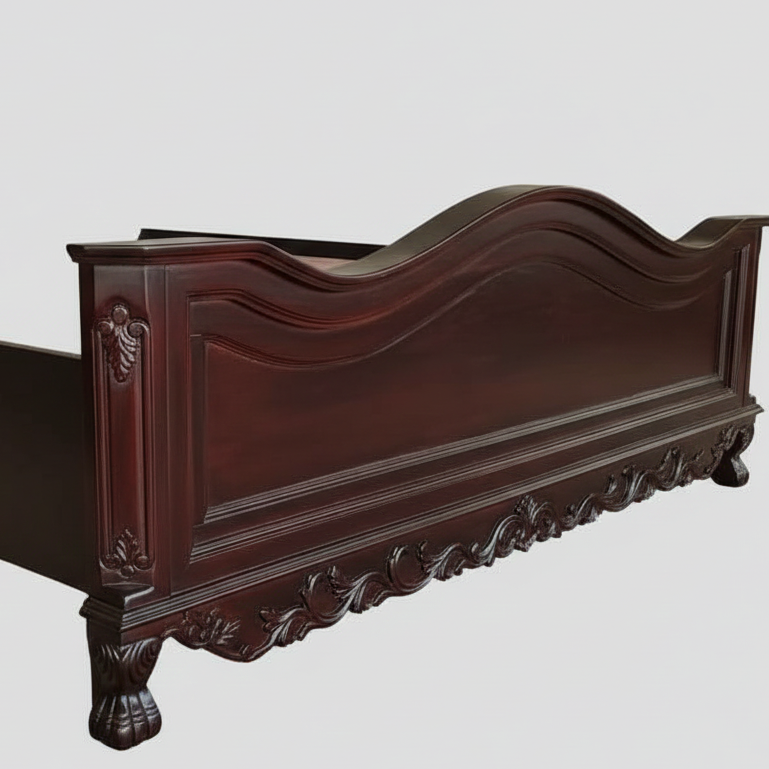 ADOUER WOOD Victorian Heritage Luxury Carved Bed with Premium Leatherette Cushioned Backrest