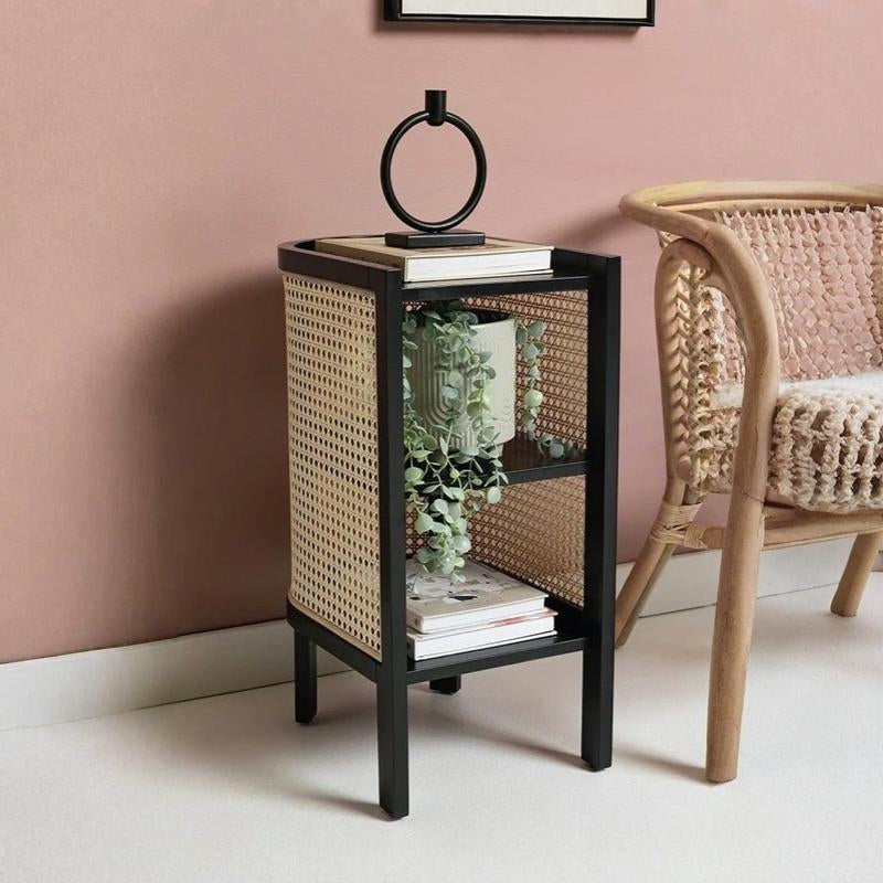 ADOUER WOOD Modern Curved Bedside Table with Natural Cane Webbing & Solid Wood Frame