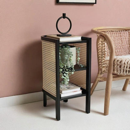 ADOUER WOOD Modern Curved Bedside Table with Natural Cane Webbing & Solid Wood Frame