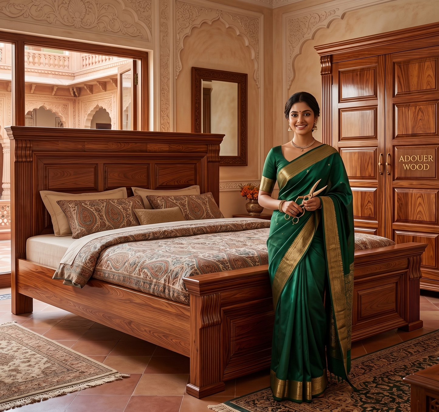 Woman in a green saree standing in a luxurious bedroom with wooden furniture.