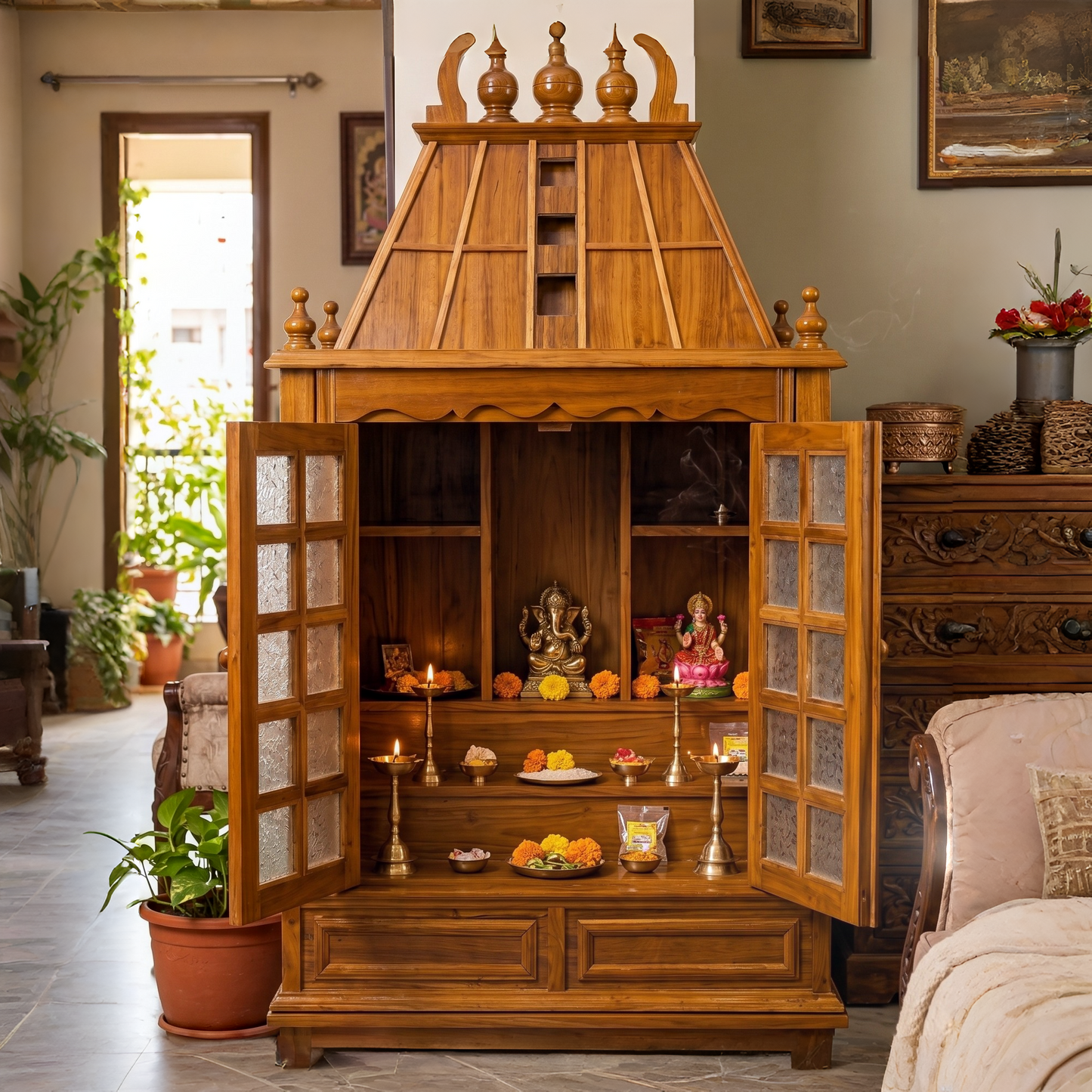 ADOUER WOOD Traditional Solid Wood Temple Cabinet with Acrylic Glass Doors