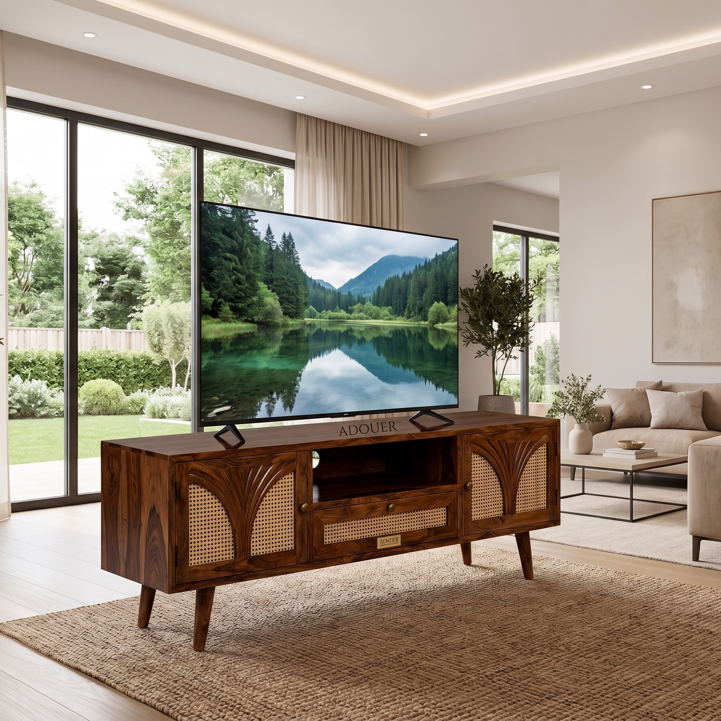 A mid-century modern wooden TV stand with woven cane panels and a central drawer, shown in a bright, contemporary living room with a large television on top. The TV displays a lake landscape, and the room features a beige rug, a sofa, and large windows overlooking a green garden.