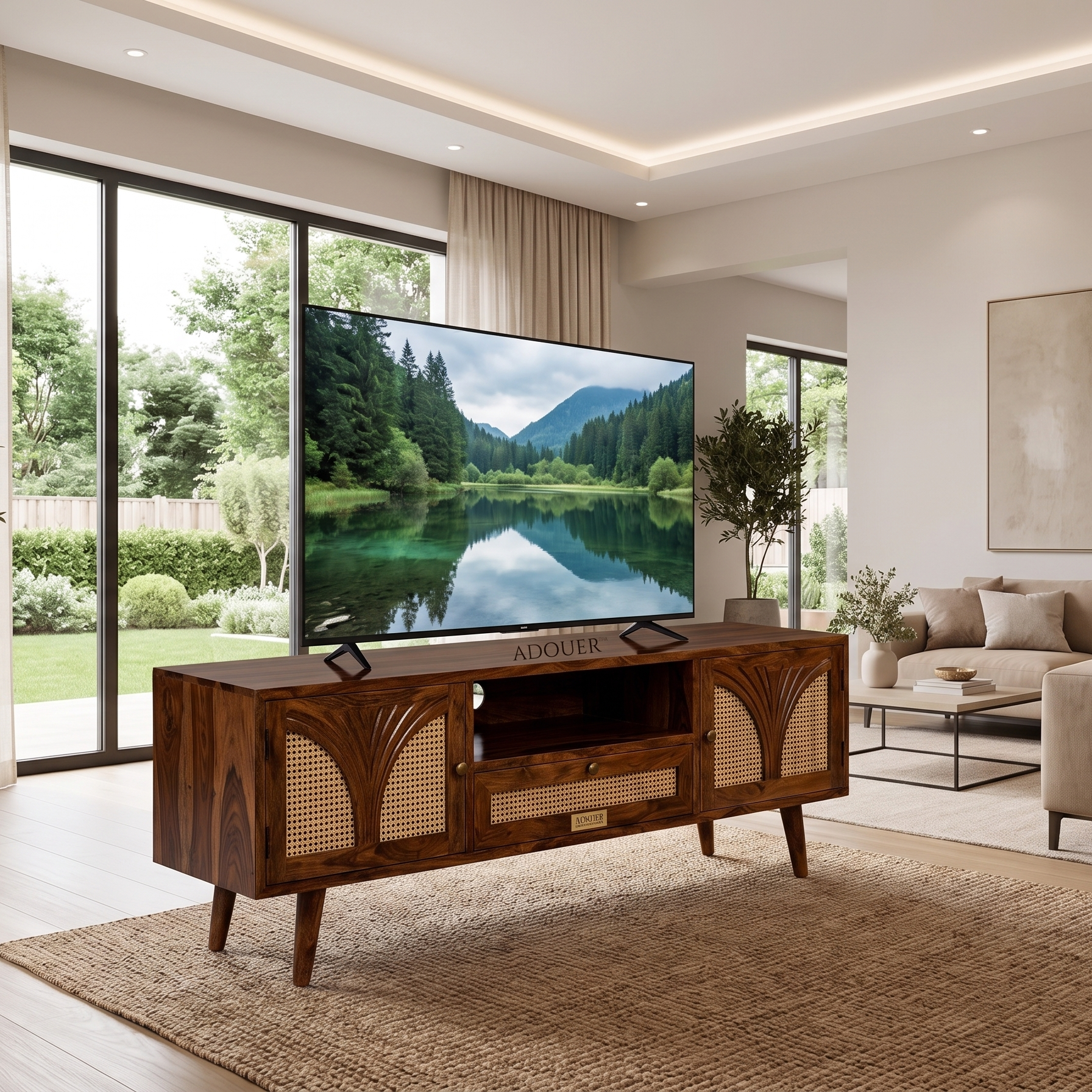 A mid-century modern wooden TV stand with woven cane panels and a central drawer, shown in a bright, contemporary living room with a large television on top. The TV displays a lake landscape, and the room features a beige rug, a sofa, and large windows overlooking a green garden.