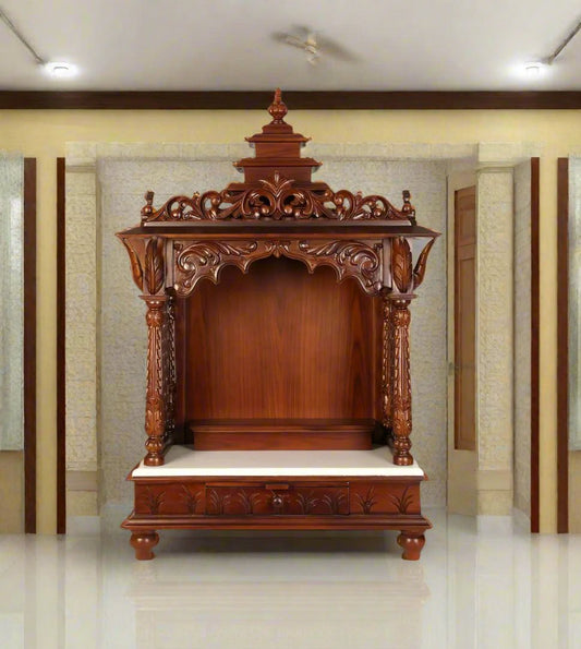 ADOUER WOOD 60'' Luxuries Teak Wood & Marble Hand Carved Pooja Mandir With One Drawer (Mahogany)