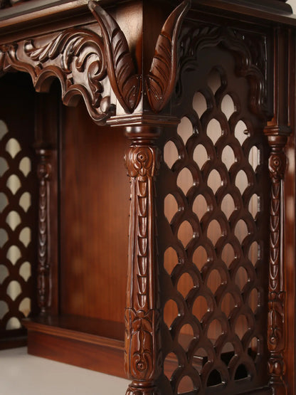 ADOUER WOOD 60'' Luxuries Teak Wood & Marble Hand Carved Pooja Mandir With One Drawer (Mahogany)