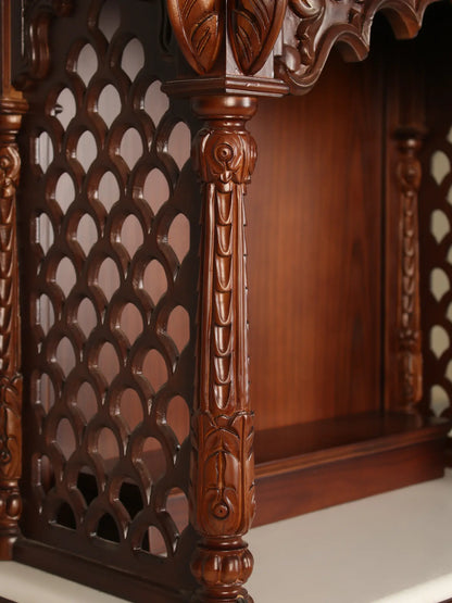 ADOUER WOOD 60'' Luxuries Teak Wood & Marble Hand Carved Pooja Mandir With One Drawer (Mahogany)