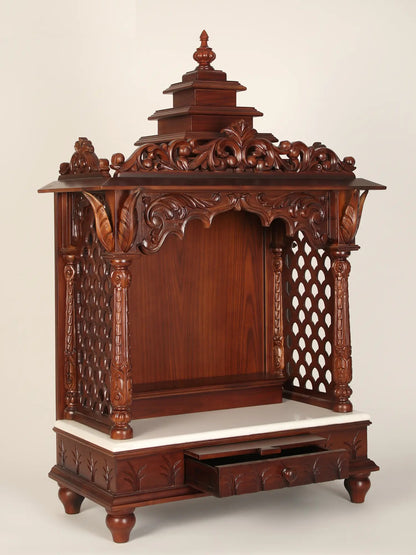 ADOUER WOOD 60'' Luxuries Teak Wood & Marble Hand Carved Pooja Mandir With One Drawer (Mahogany)