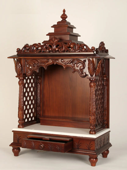 ADOUER WOOD 60'' Luxuries Teak Wood & Marble Hand Carved Pooja Mandir With One Drawer (Mahogany)