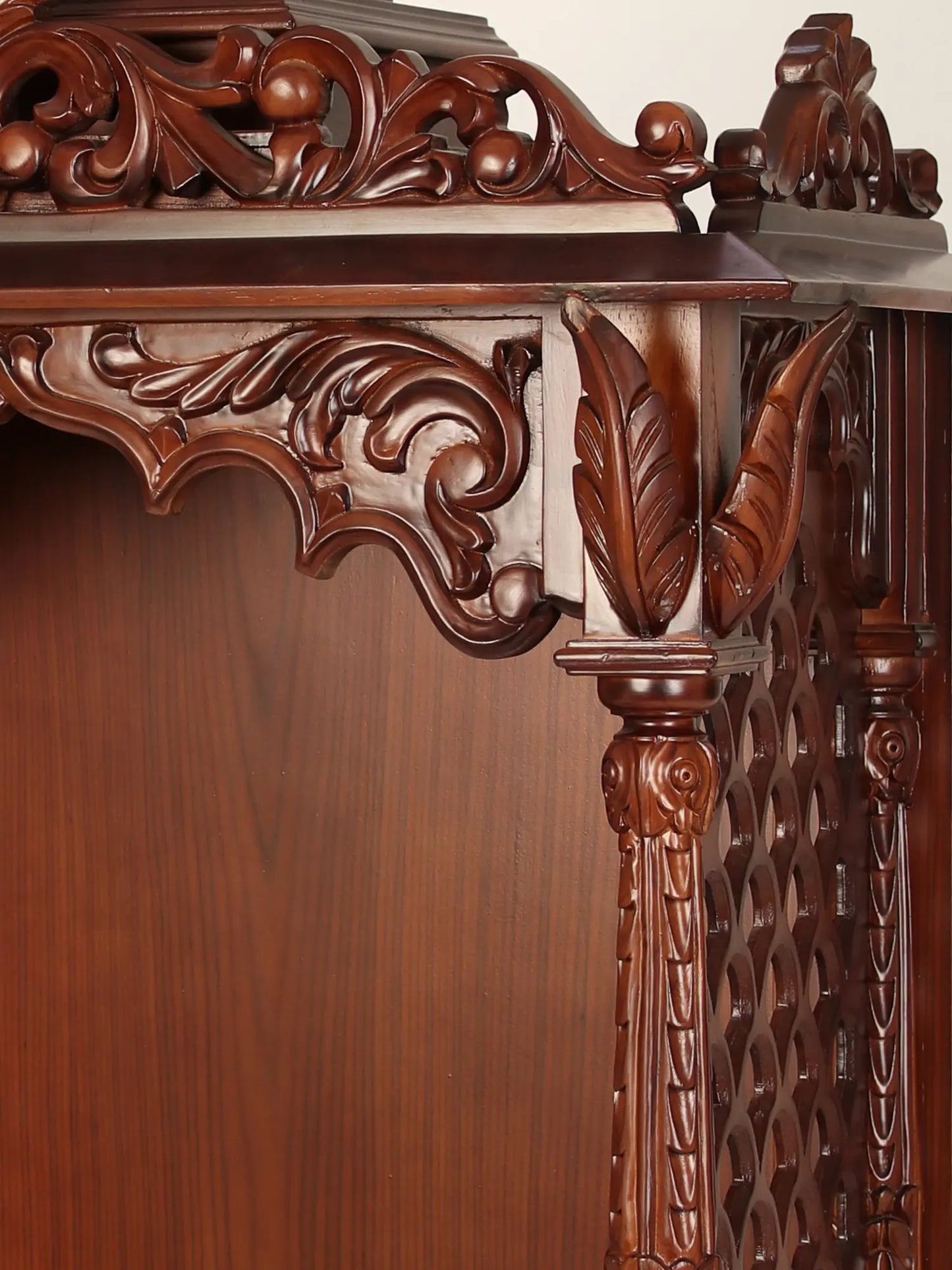 ADOUER WOOD 60'' Luxuries Teak Wood & Marble Hand Carved Pooja Mandir With One Drawer (Mahogany)