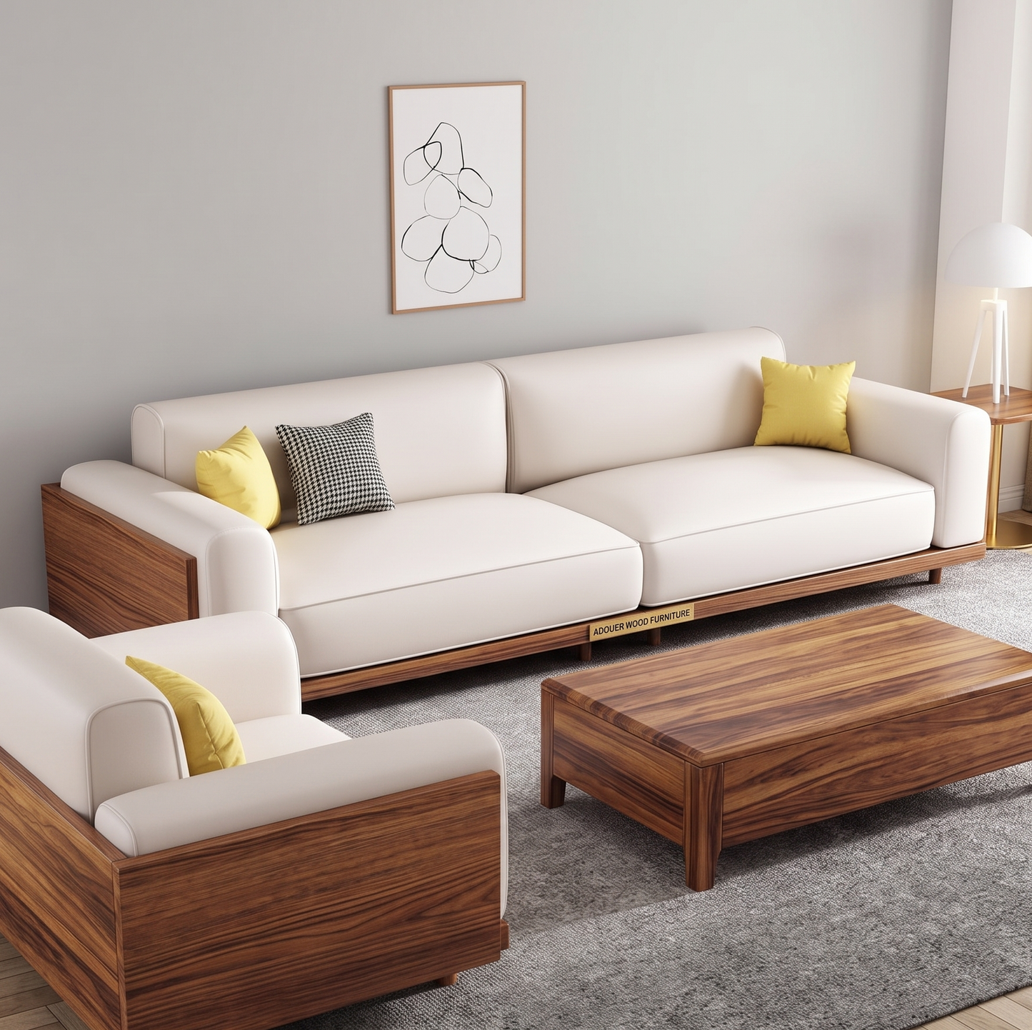 A modern 3 seater sofa set in off-white leather with a rich walnut wood frame, shown in a styled living room with a matching coffee table, a gray area rug, and yellow accent pillows.